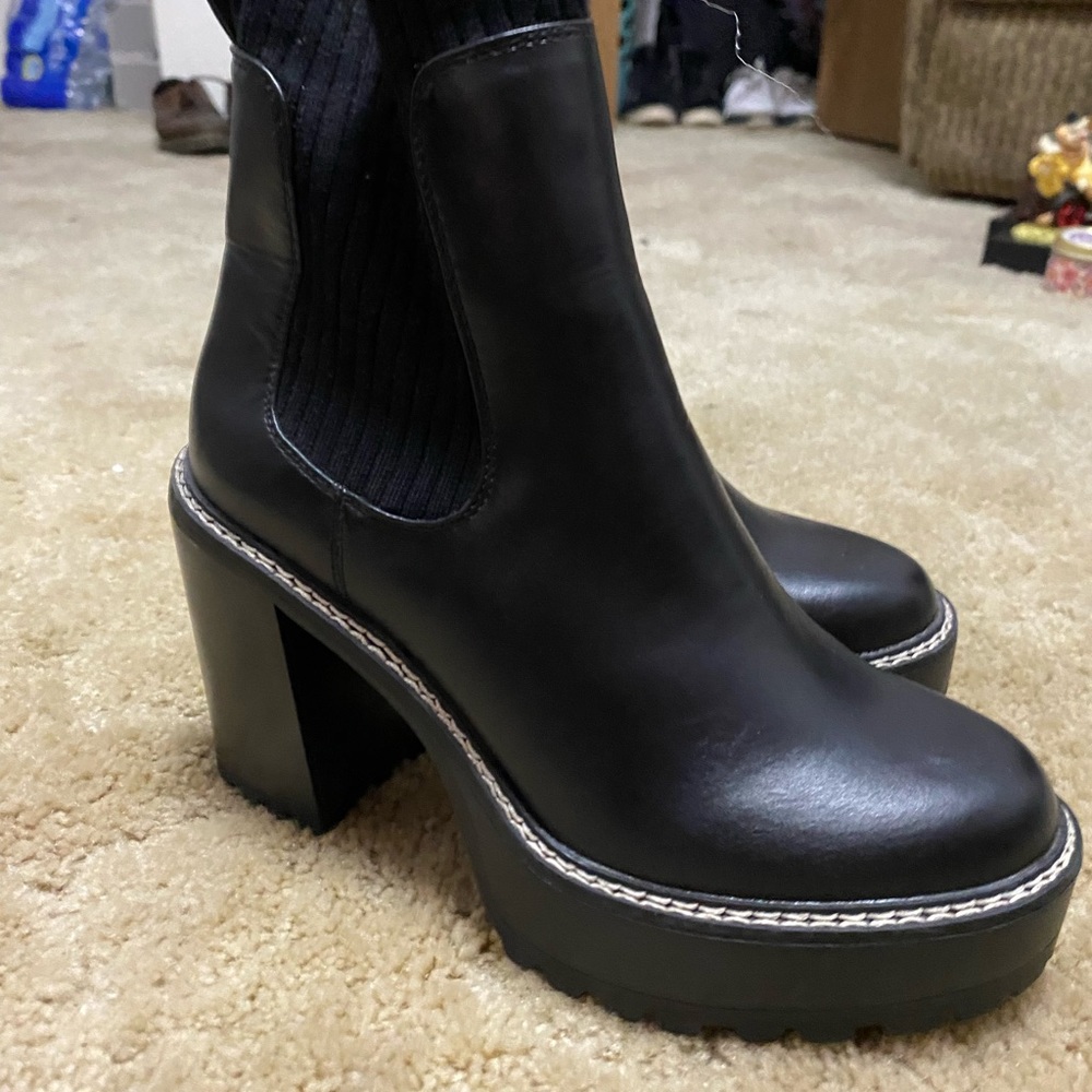 Black faux leather high heel boots